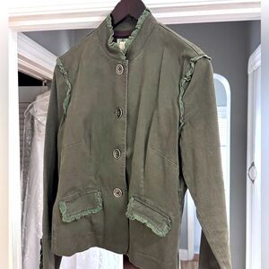 🌿 Romantic Vintage Olive Jacket w/ Lace Trim
Unique Military-Inspired Jacket 🌿